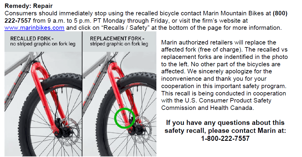 Product recall Marin Bikes shortmanual.com